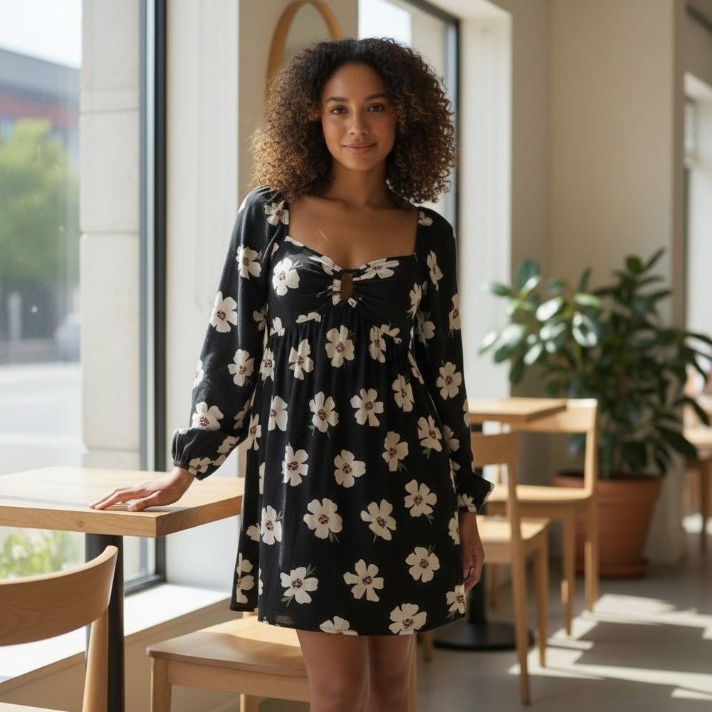 American Eagle Mini Dress XS Black Floral Long Sleeve Ring Front‎ Boho Babydoll